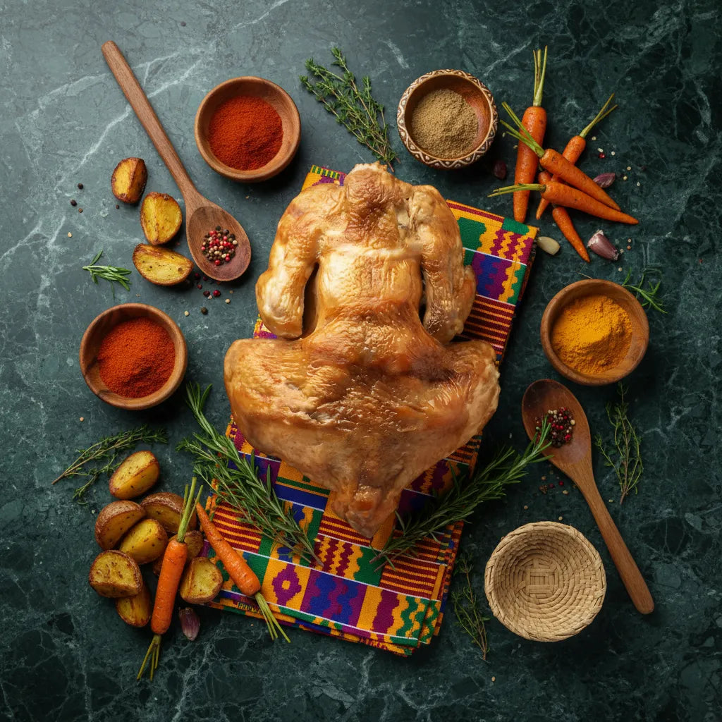 Coq fumé découpé présenté sur tissu africain avec épices, carottes et pommes de terre. Volaille surgelée parfaite pour cuisine traditionnelle.